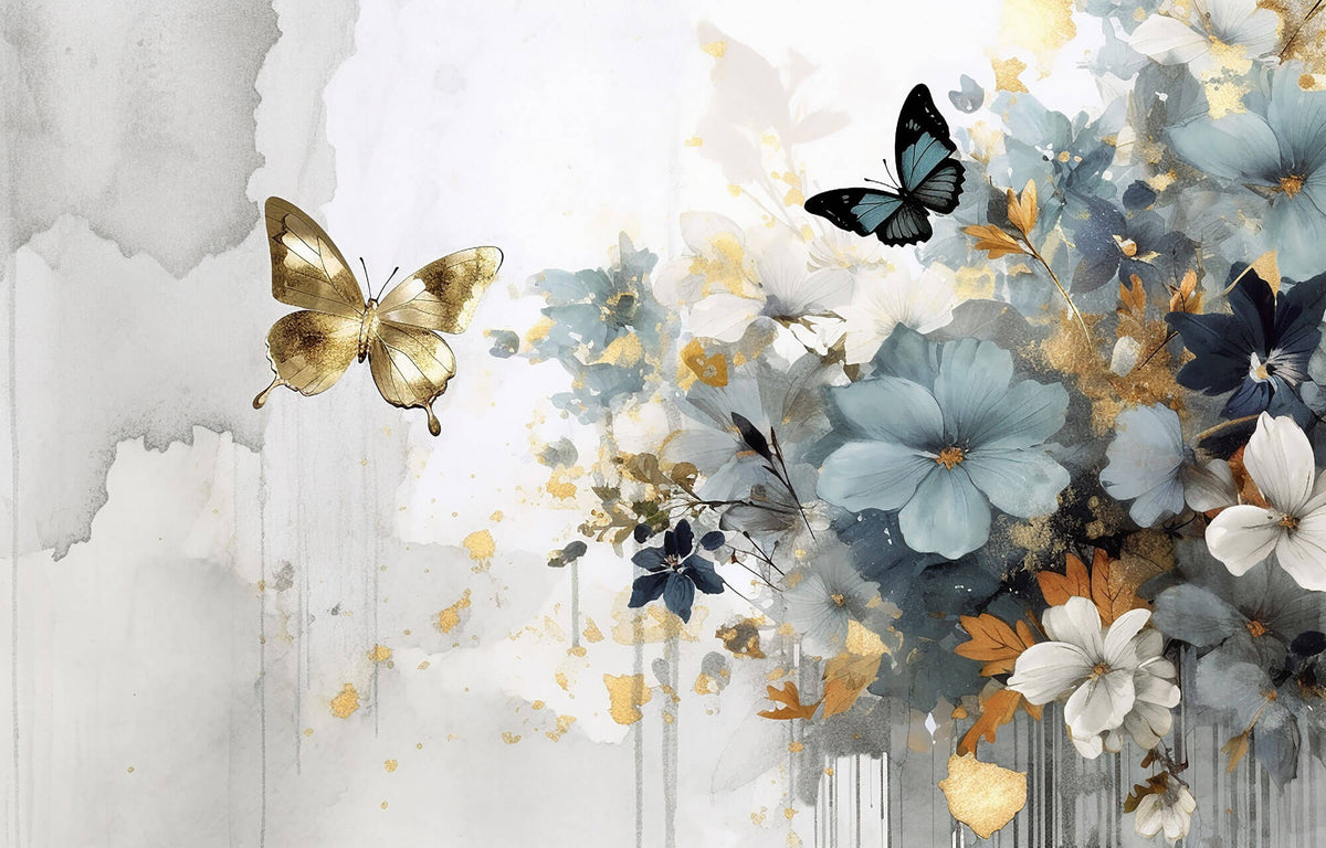 Tapet Personalizat Floral cu pictura florala in nuante de albastru si fluturi aurii - GOLDEN BUTTERFLY