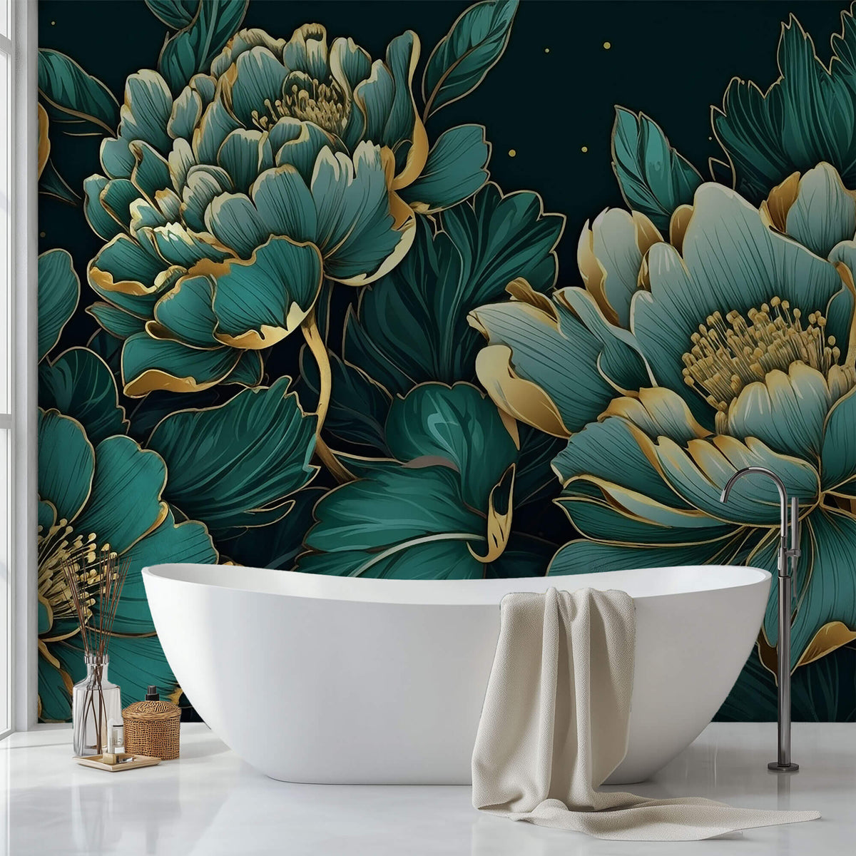 Tapet Personalizat Floral cu ilustratie florala in nuante de verde marin - EMERALD FLORAL