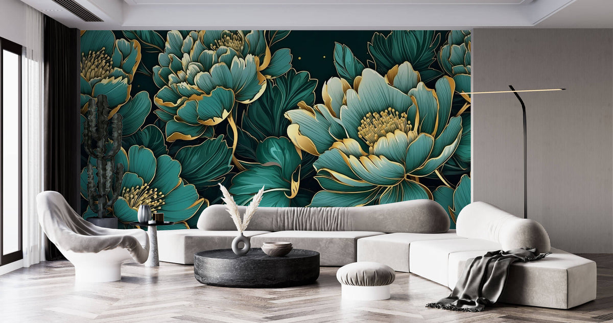 Tapet Personalizat Floral cu ilustratie florala in nuante de verde marin - EMERALD FLORAL