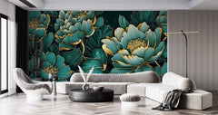 Tapet Personalizat Floral cu ilustratie florala in nuante de verde marin - EMERALD FLORAL