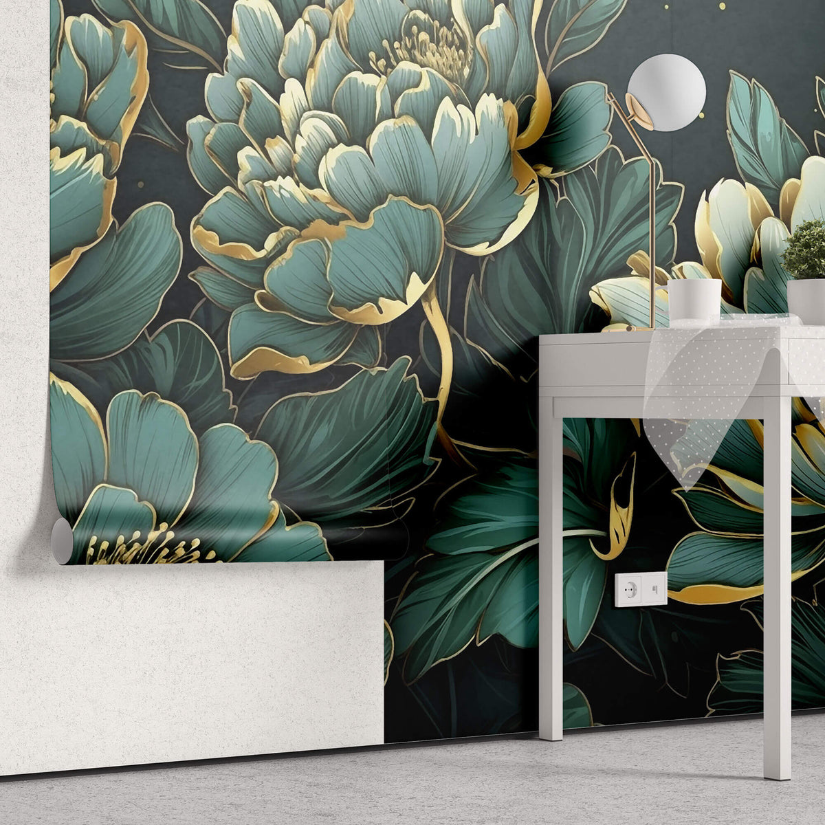 Tapet Personalizat Floral cu ilustratie florala in nuante de verde marin - EMERALD FLORAL