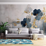 Tapet Personalizat Floral cu ilustratie florala abstracta in nuante de albastru si auriu - ABSTRACT GOLDEN FLORALS