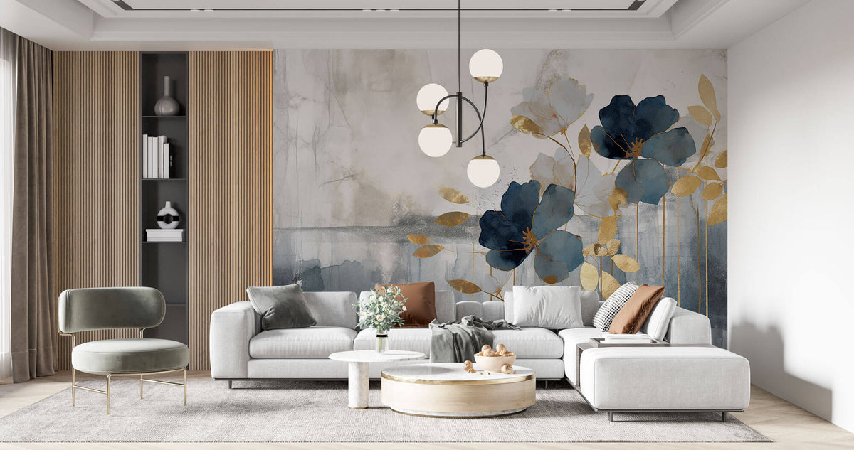 Tapet Personalizat Floral cu ilustratie florala abstracta in nuante de albastru si auriu - ABSTRACT GOLDEN FLORALS