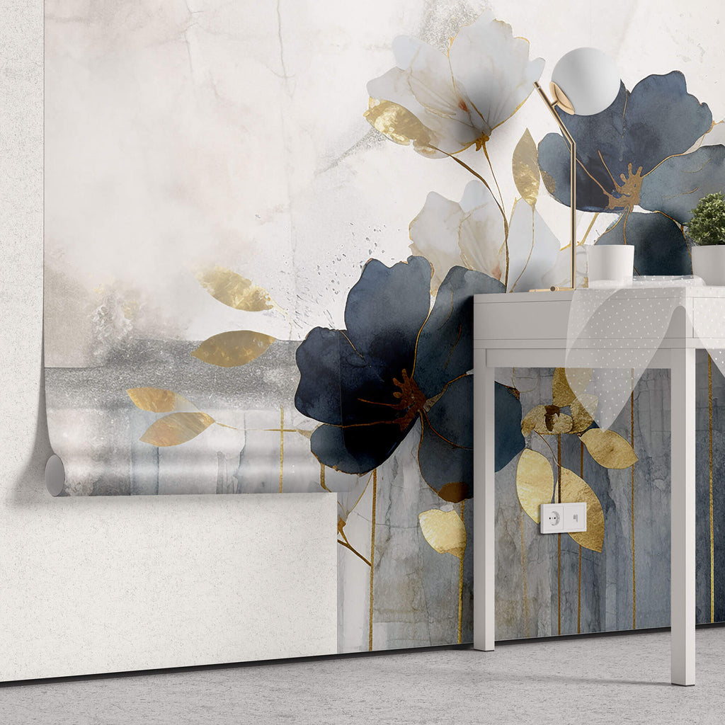 Tapet Personalizat Floral cu ilustratie florala abstracta in nuante de albastru si auriu - ABSTRACT GOLDEN FLORALS