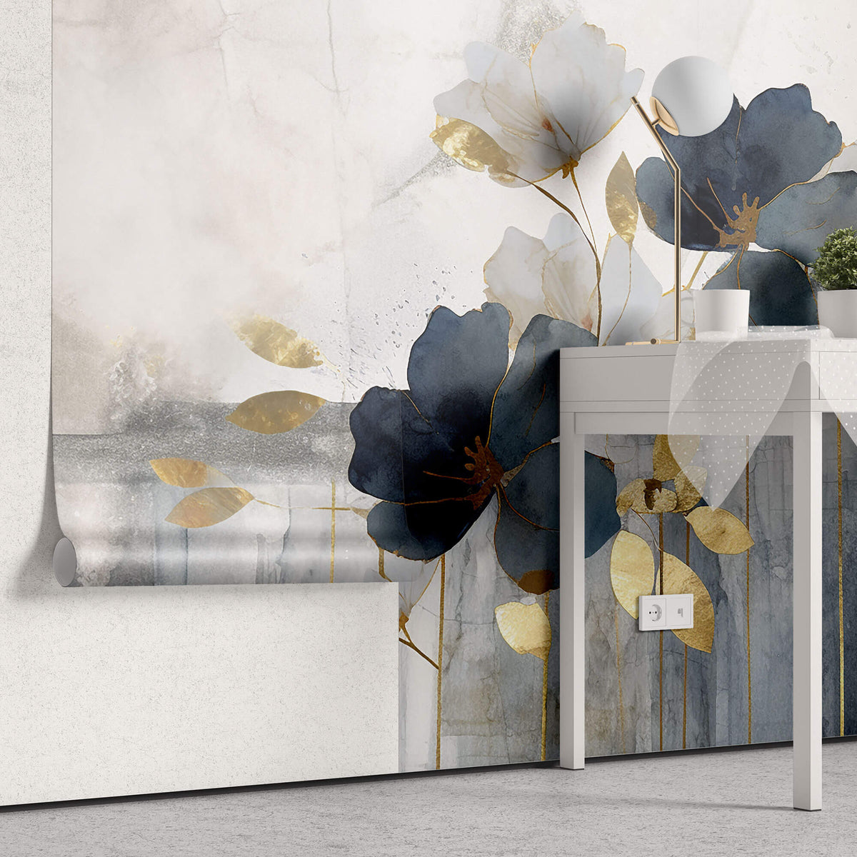 Tapet Personalizat Floral cu ilustratie florala abstracta in nuante de albastru si auriu - ABSTRACT GOLDEN FLORALS