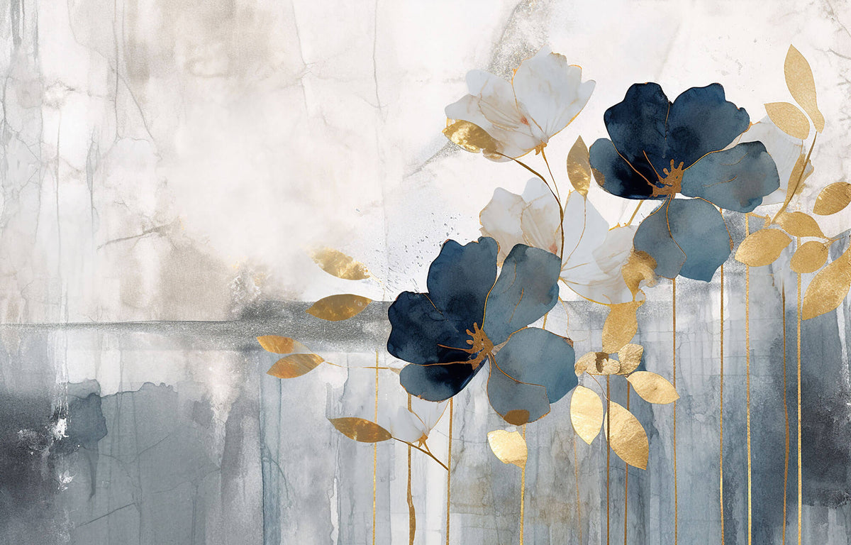 Tapet Personalizat Floral cu ilustratie florala abstracta in nuante de albastru si auriu - ABSTRACT GOLDEN FLORALS