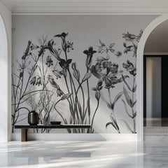 Tapet Personalizat Floral cu flori alb negru si fundal texturat - CONTRAST WILDFLOWERS