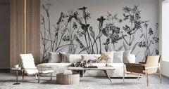 Tapet Personalizat Floral cu flori alb negru si fundal texturat - CONTRAST WILDFLOWERS