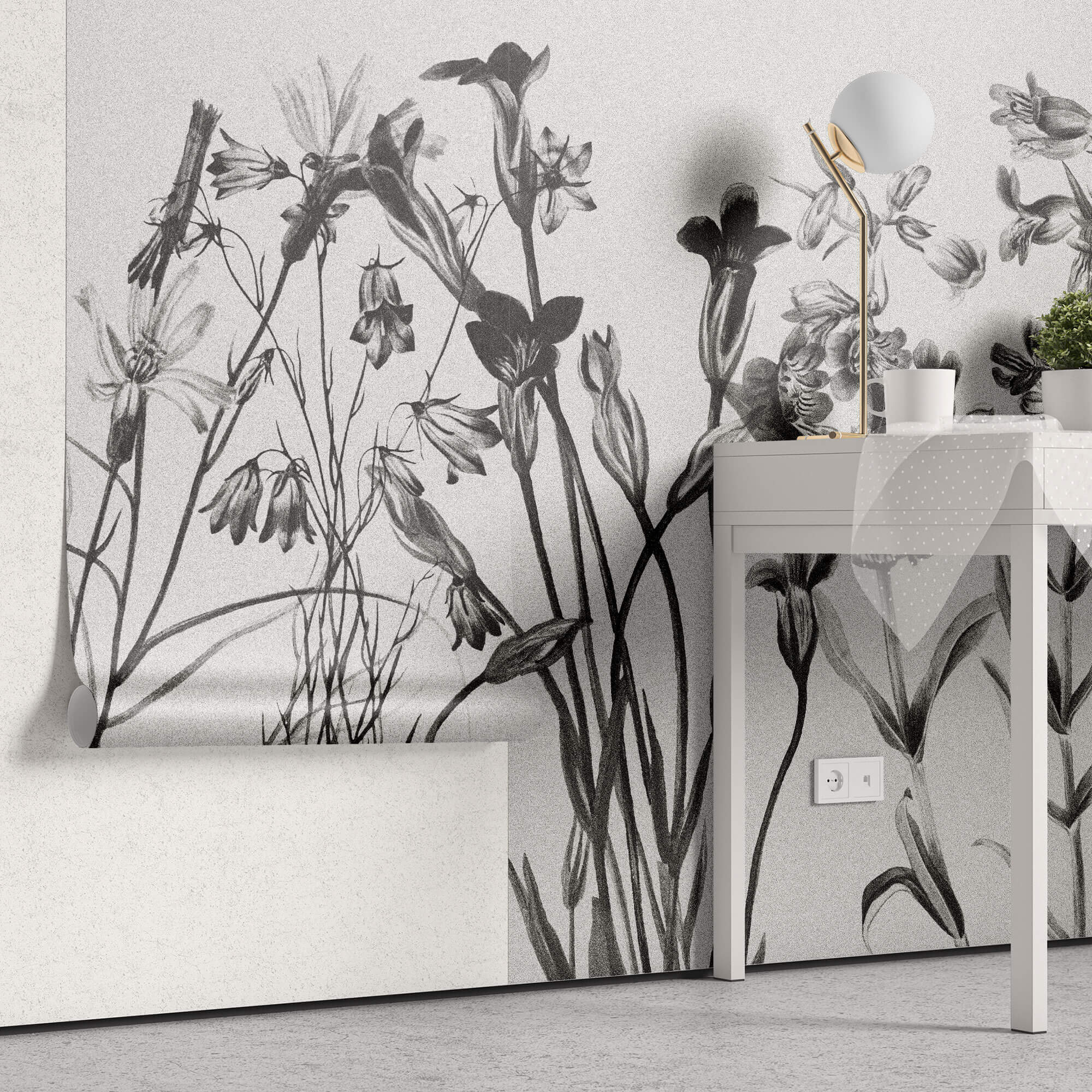 Tapet Personalizat Floral cu flori alb negru si fundal texturat - CONTRAST WILDFLOWERS