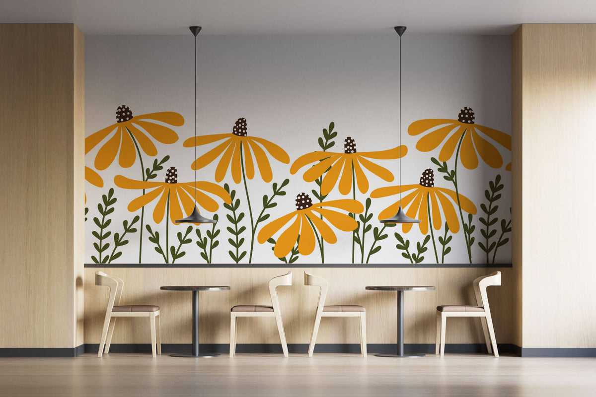 Tapet Personalizat Floral cu ilustratie florala cu floarea soarelui in stil retro - HIPPIE SUNFLOWER