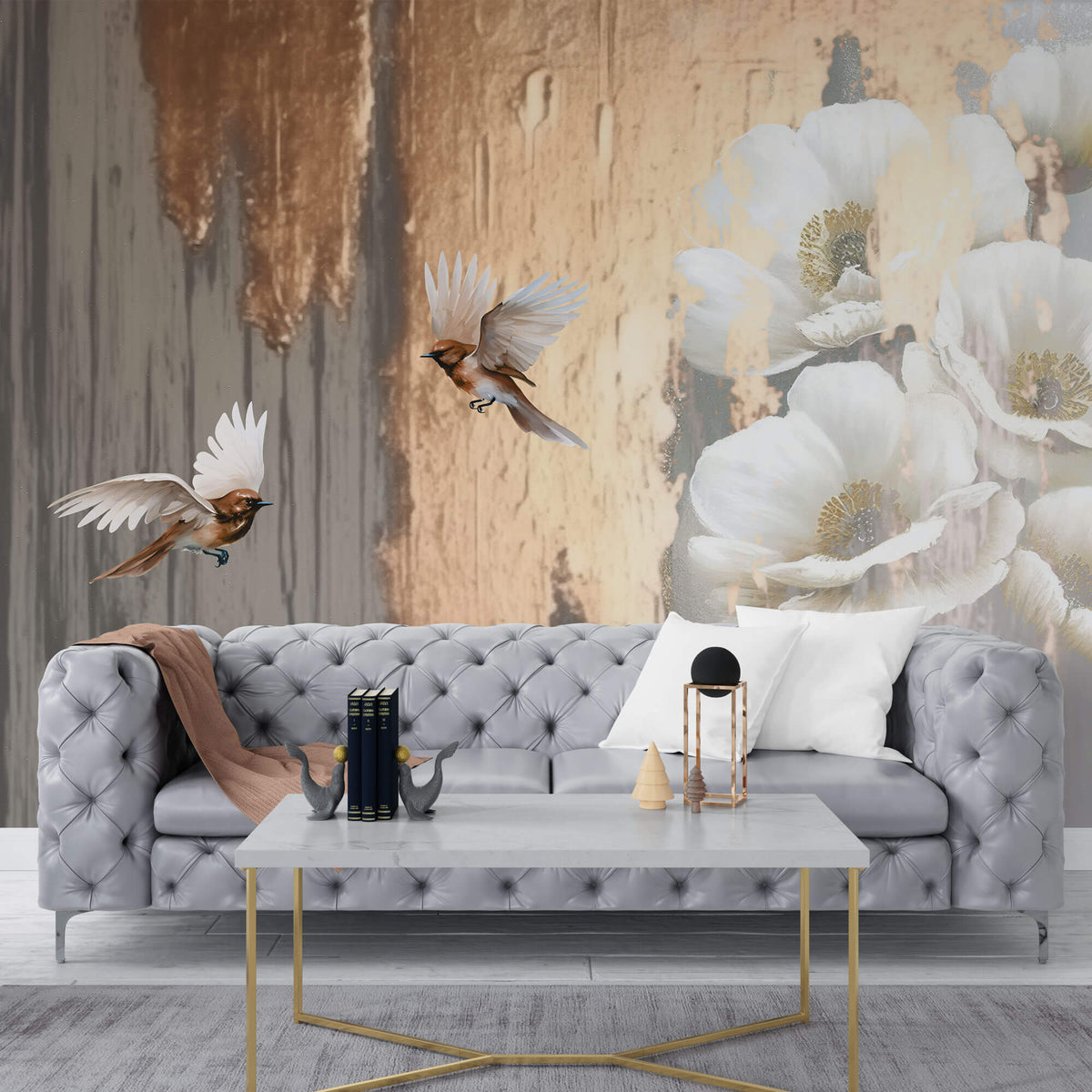 Tapet Personalizat Floral cu flori albe si pasari cu fundal blurat si texturat - 3D BIRD FLORAL