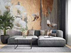 Tapet Personalizat Floral cu flori albe si pasari cu fundal blurat si texturat - 3D BIRD FLORAL
