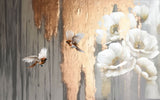 Tapet Personalizat Floral cu flori albe si pasari cu fundal blurat si texturat - 3D BIRD FLORAL