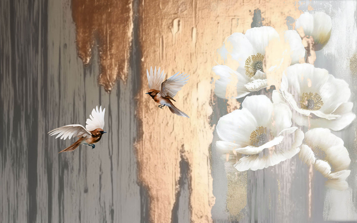 Tapet Personalizat Floral cu flori albe si pasari cu fundal blurat si texturat - 3D BIRD FLORAL