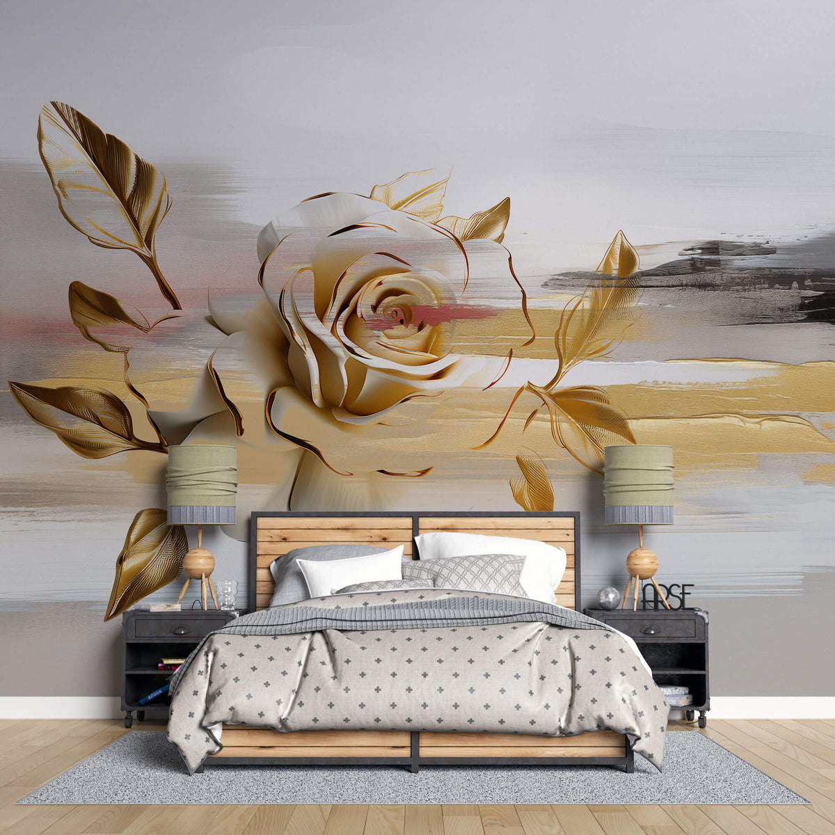 Tapet Personalizat Floral cu pictura abstracta in nuante aurii - SMUDGED GOLD FLORAL