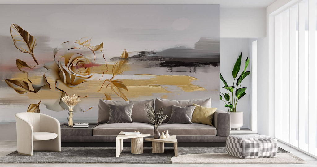 Tapet Personalizat Floral cu pictura abstracta in nuante aurii - SMUDGED GOLD FLORAL