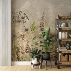 Tapet Personalizat Floral cu flori de camp salbatice intr-un fundal gri-bej - WILD SPRING I