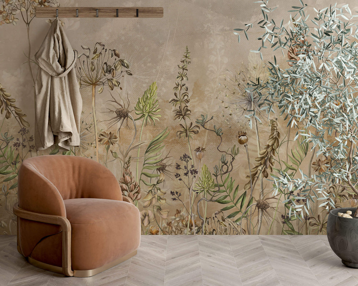 Tapet Personalizat Floral cu flori de camp salbatice intr-un fundal gri-bej - WILD SPRING I