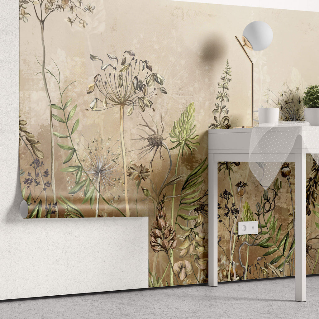 Tapet Personalizat Floral cu flori de camp salbatice intr-un fundal crem-maro - WILD SPRING II