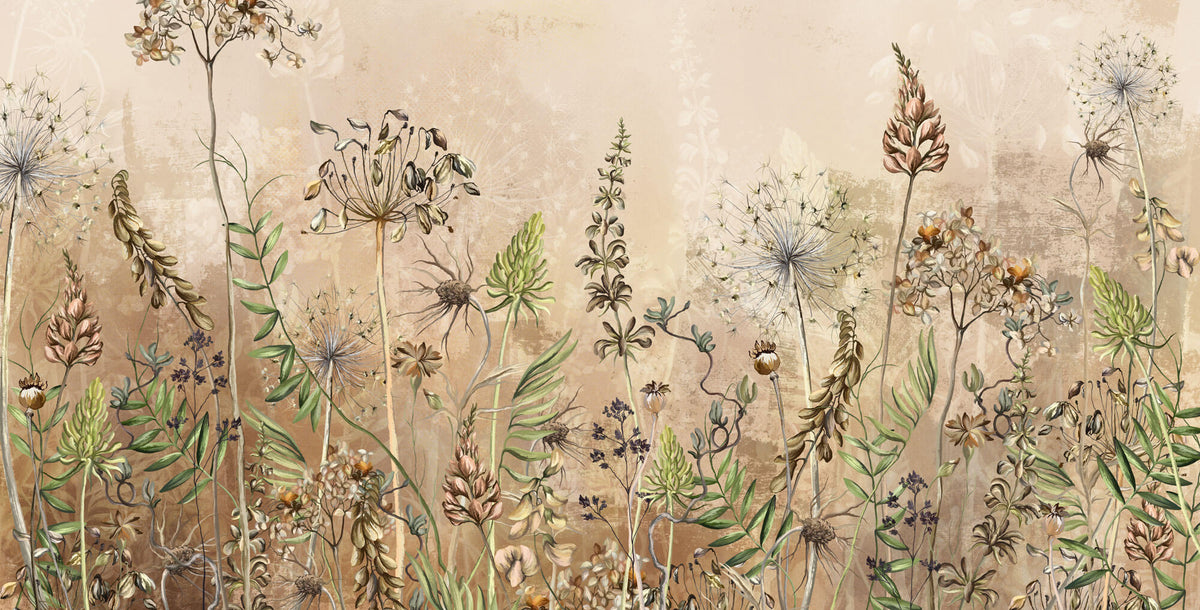 Tapet Personalizat Floral cu flori de camp salbatice intr-un fundal crem-maro - WILD SPRING II