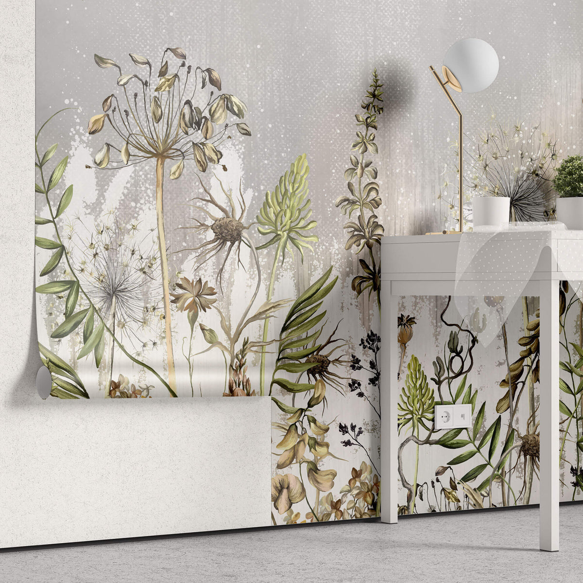 Tapet Personalizat Floral cu flori de camp salbatice intr-un fundal gri - WILD SPRING III