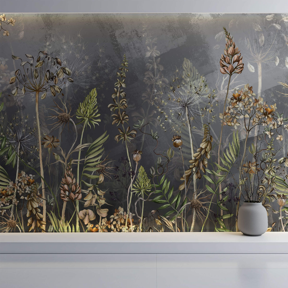 Tapet Personalizat Floral cu flori de camp salbatice intr-un fundal gri inchis - WILD SPRING IV