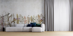 Tapet Personalizat Floral cu amestec de flori pe un fundal de perete de ciment texturat - COCRETE FLORAL LINE ART