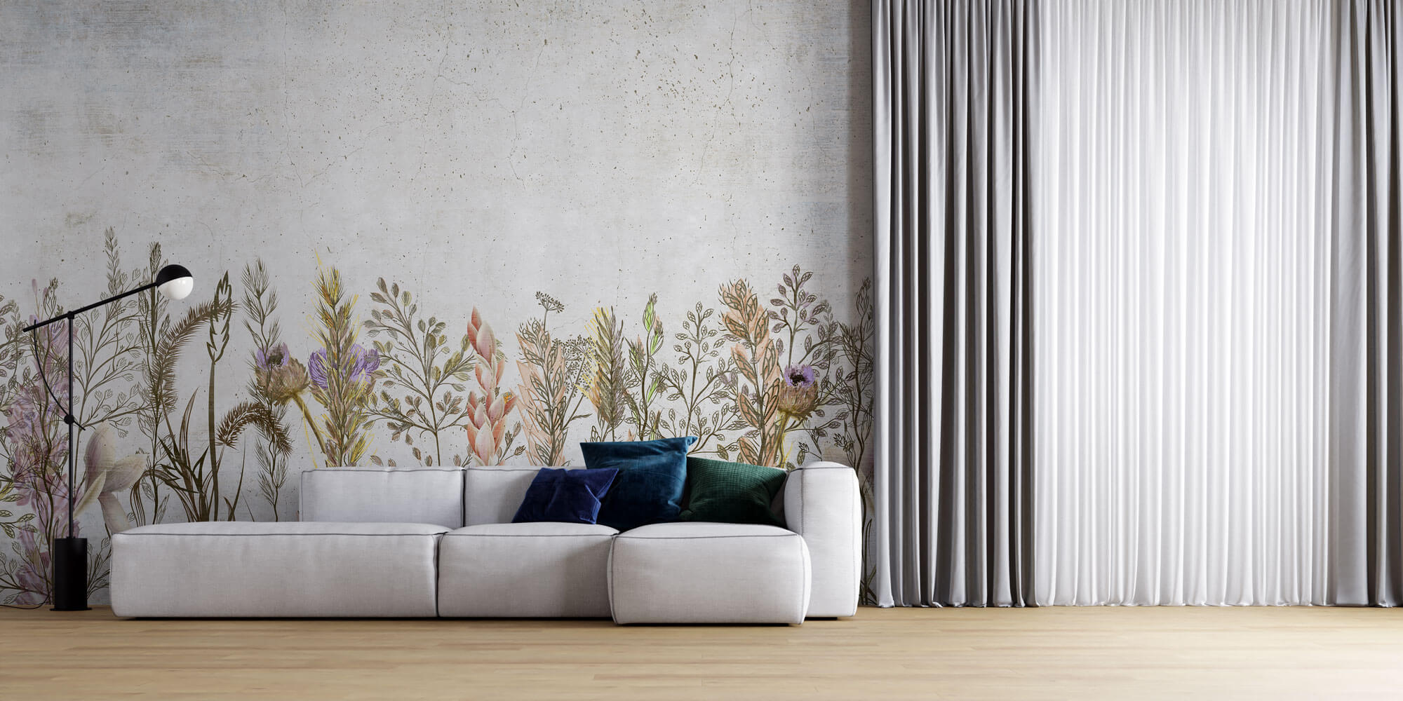 Tapet Personalizat Floral cu amestec de flori pe un fundal de perete de ciment texturat - COCRETE FLORAL LINE ART