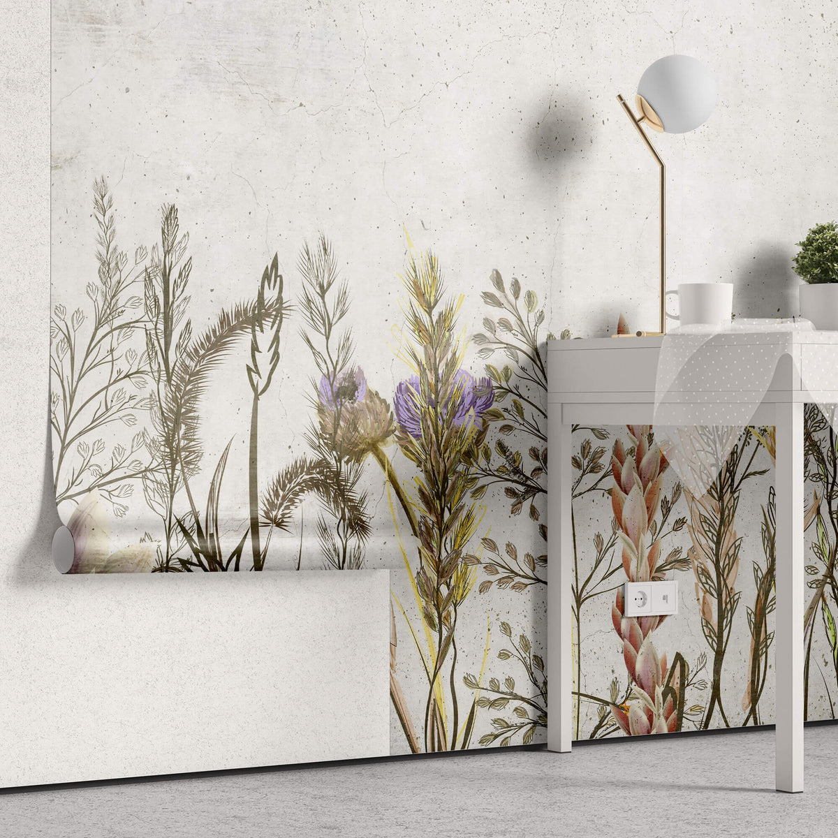 Tapet Personalizat Floral cu amestec de flori pe un fundal de perete de ciment texturat - COCRETE FLORAL LINE ART