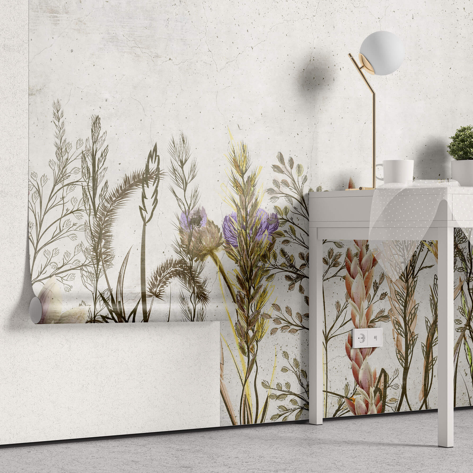 Tapet Personalizat Floral cu amestec de flori pe un fundal de perete de ciment texturat - COCRETE FLORAL LINE ART