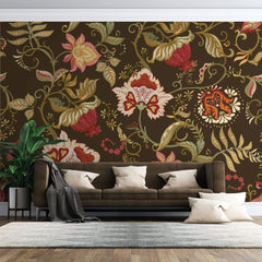 Tapet Personalizat Floral cu model floral in stil retro pe un fundal maro - RETRO FLORA