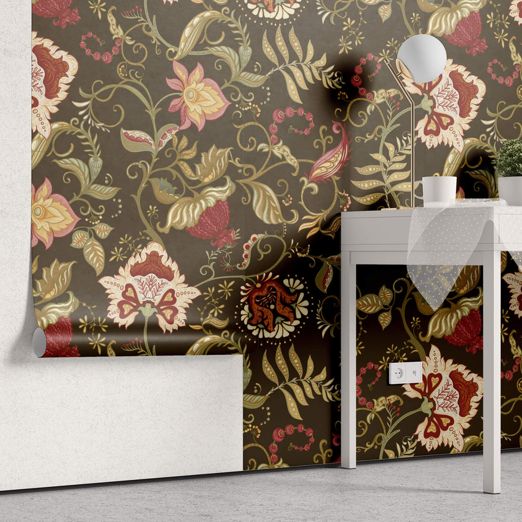 Tapet Personalizat Floral cu model floral in stil retro pe un fundal maro - RETRO FLORA