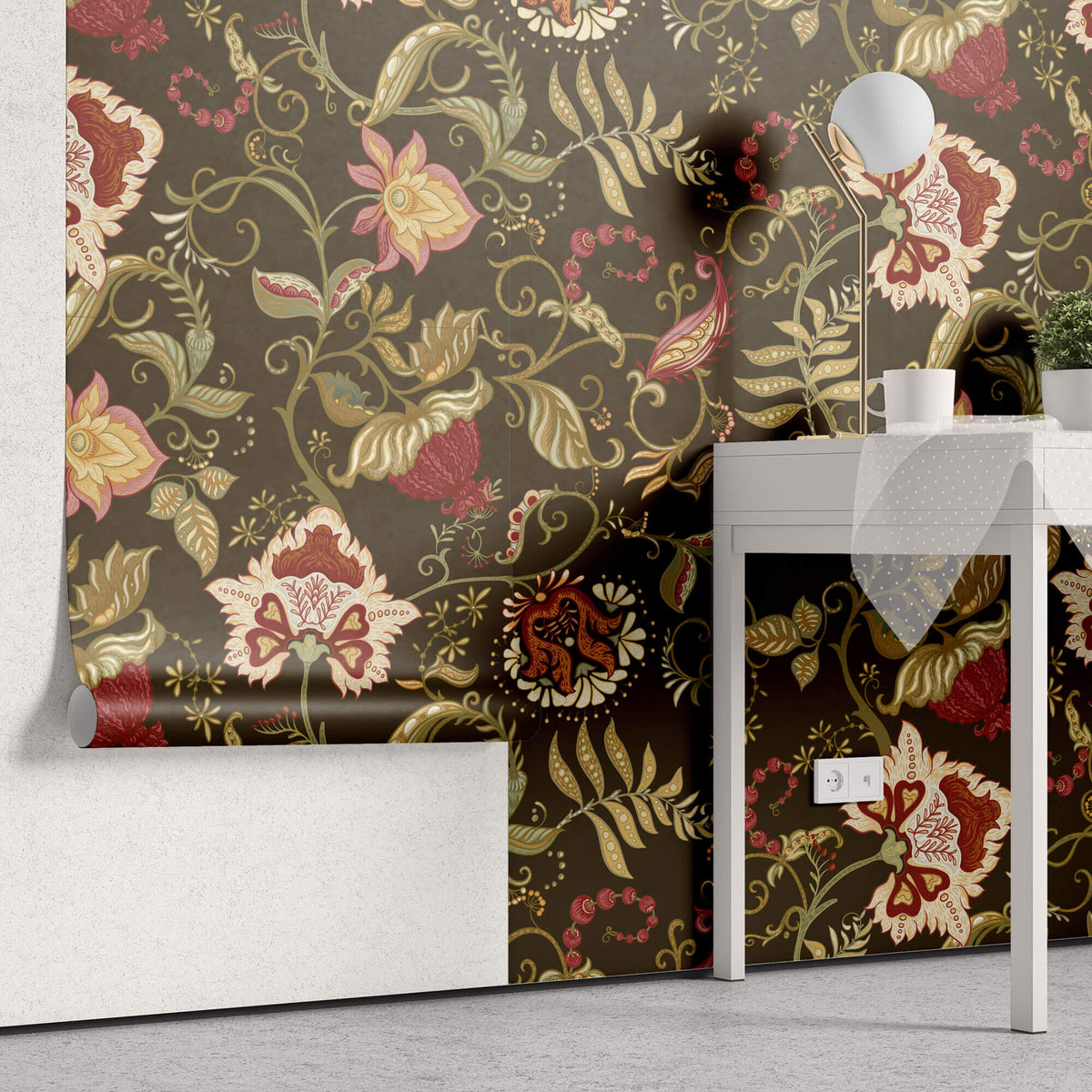 Tapet Personalizat Floral cu model floral in stil retro pe un fundal maro - RETRO FLORA