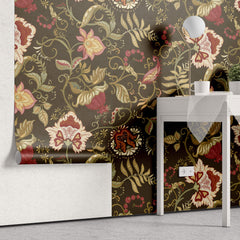 Tapet Personalizat Floral cu model floral in stil retro pe un fundal maro - RETRO FLORA