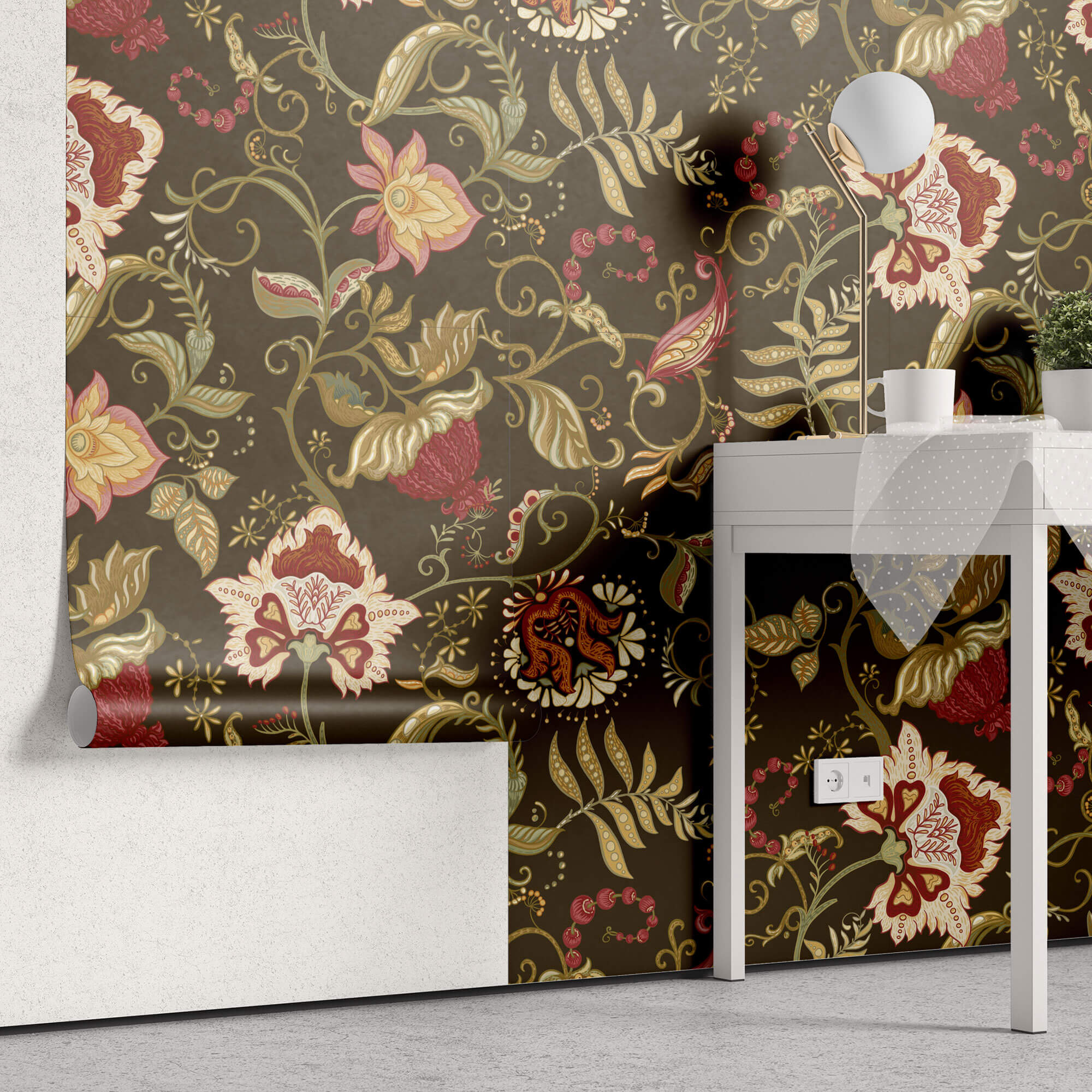 Tapet Personalizat Floral cu model floral in stil retro pe un fundal maro - RETRO FLORA