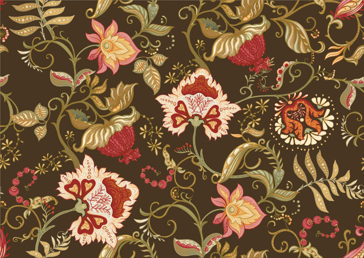 Tapet Personalizat Floral cu model floral in stil retro pe un fundal maro - RETRO FLORA
