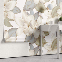 Tapet Personalizat Floral cu flori crem in contur auriu - GOLD CONTOUR
