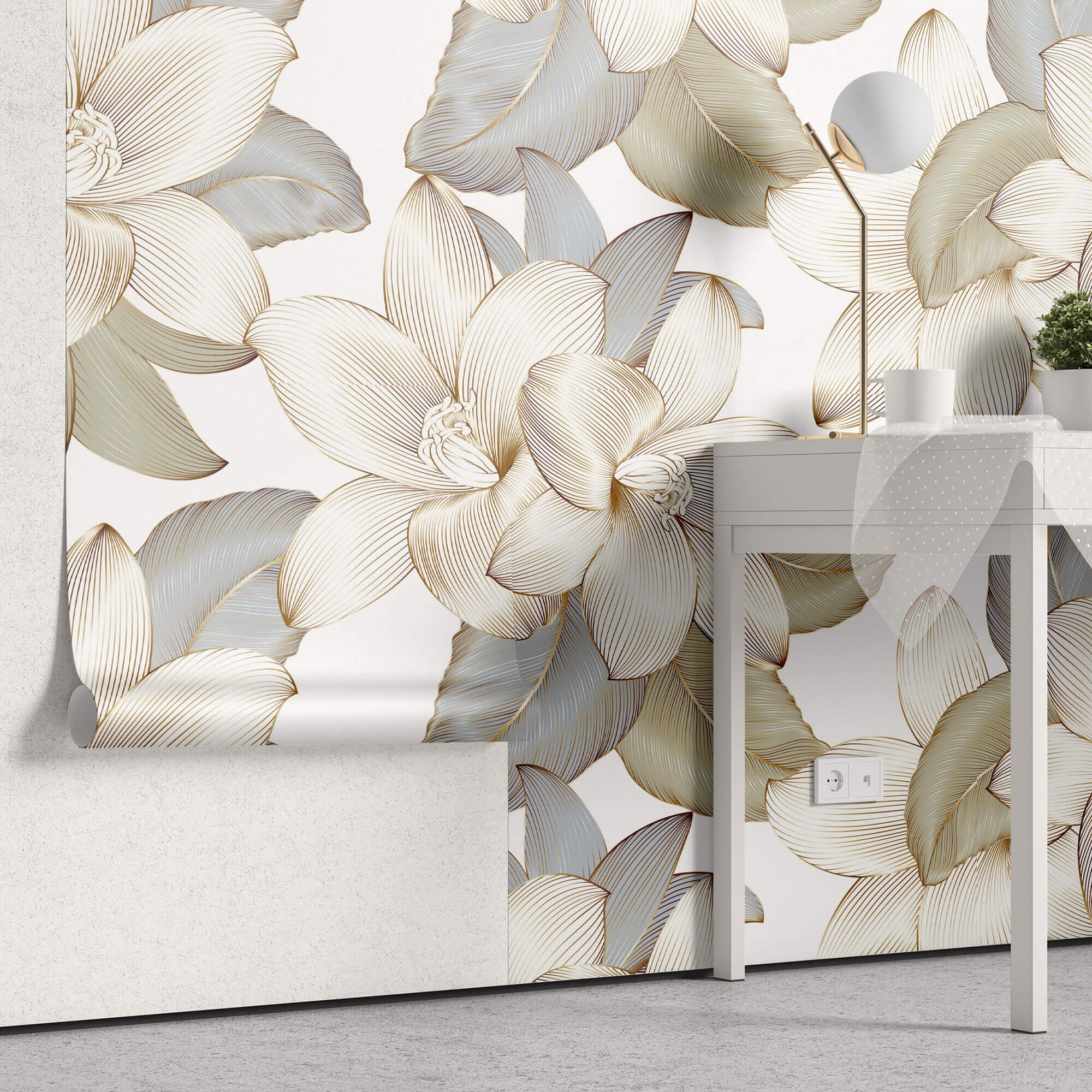 Tapet Personalizat Floral cu flori crem in contur auriu - GOLD CONTOUR