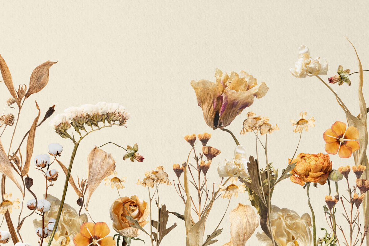 Tapet Personalizat Floral cu flori uscate pe un fundal crem texturat - SUNNY DRIED FLOWERS