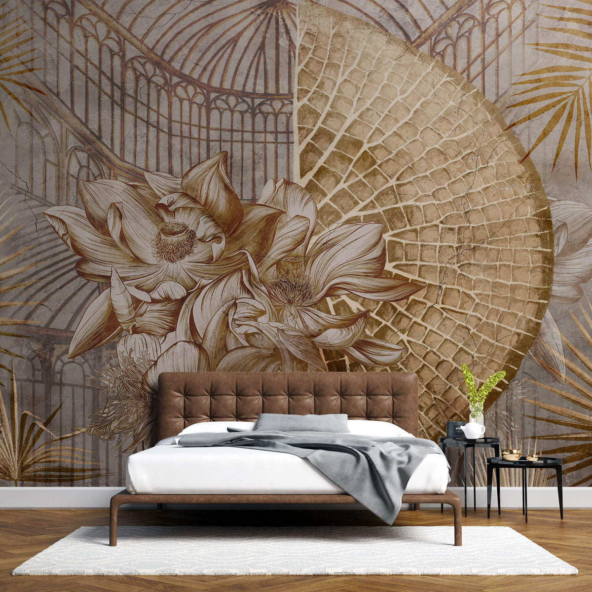 Tapet Personalizat Floral cu flori de lotus uscate intr-o sera vintage cu fundal texturat - GOLDEN OASIS II