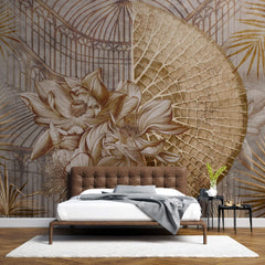 Tapet Personalizat Floral cu flori de lotus uscate intr-o sera vintage cu fundal texturat - GOLDEN OASIS II