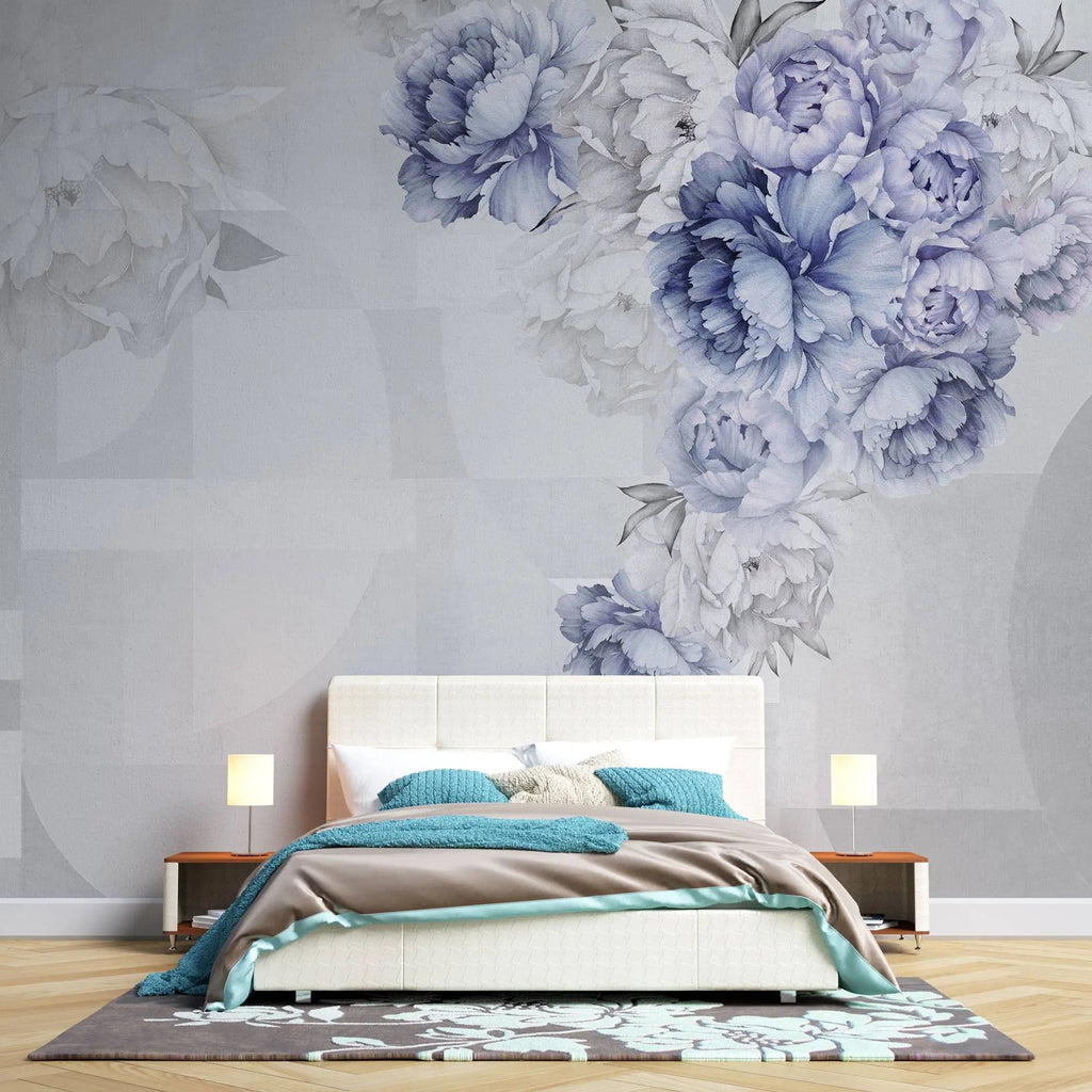 Tapet personalizat floral cu flori mov lila de bujori pe un fundal alb geometric purple peony