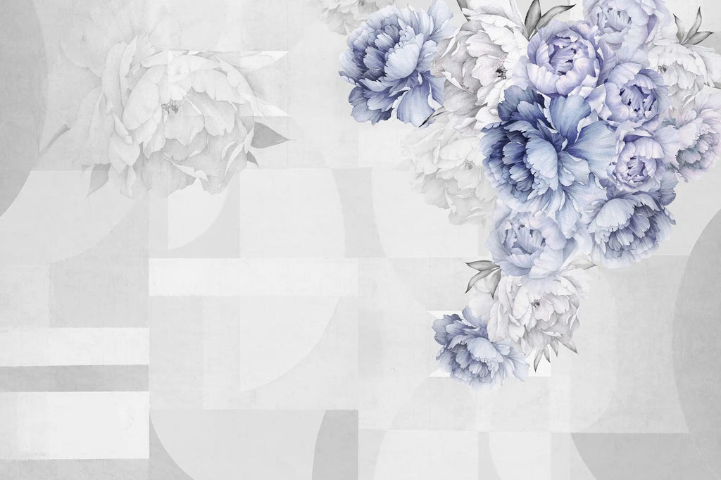 Tapet personalizat floral cu flori mov lila de bujori pe un fundal alb geometric purple peony