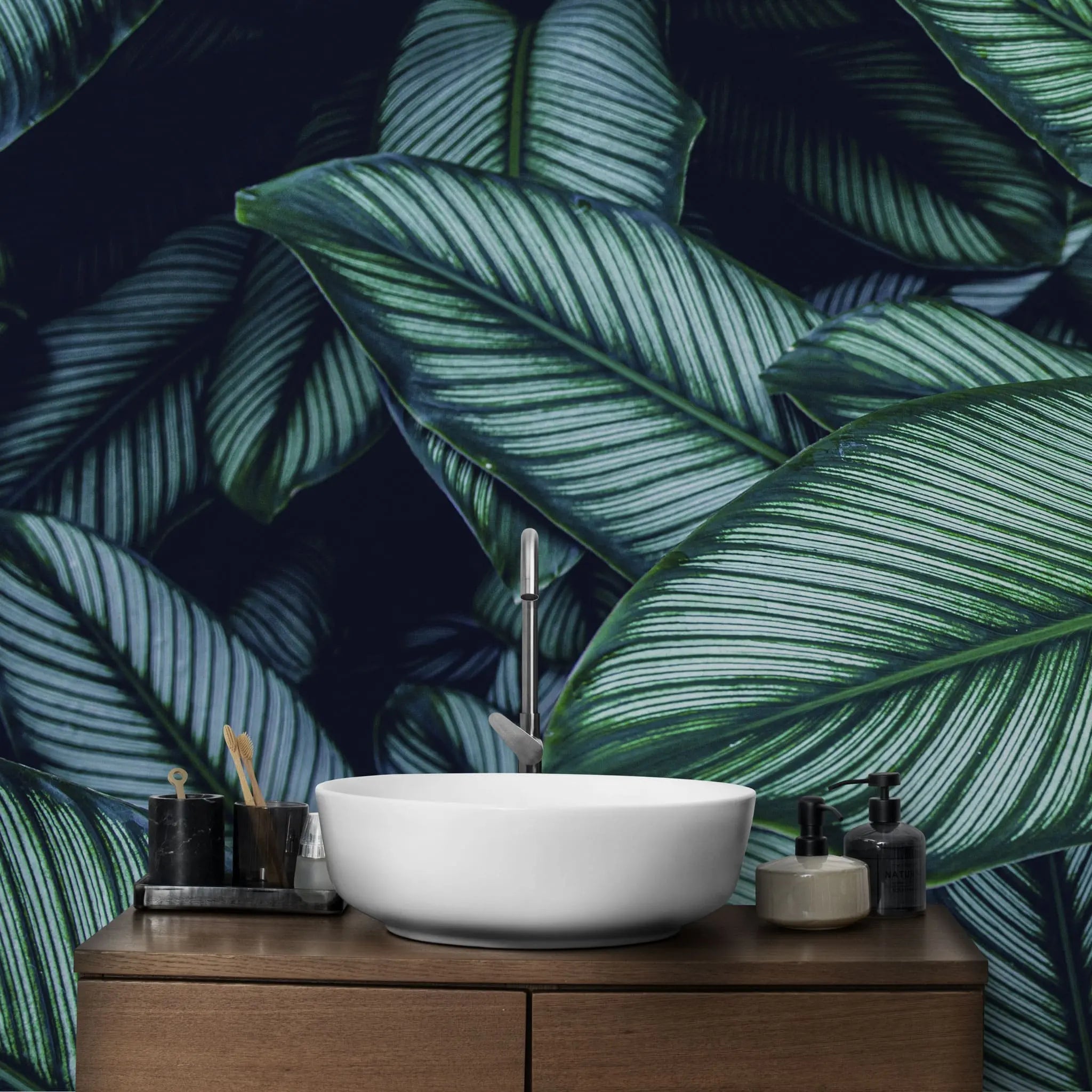 Tapet personalizat cu frunze tropicale de calathea in nuante verzi cyan calathea majestica