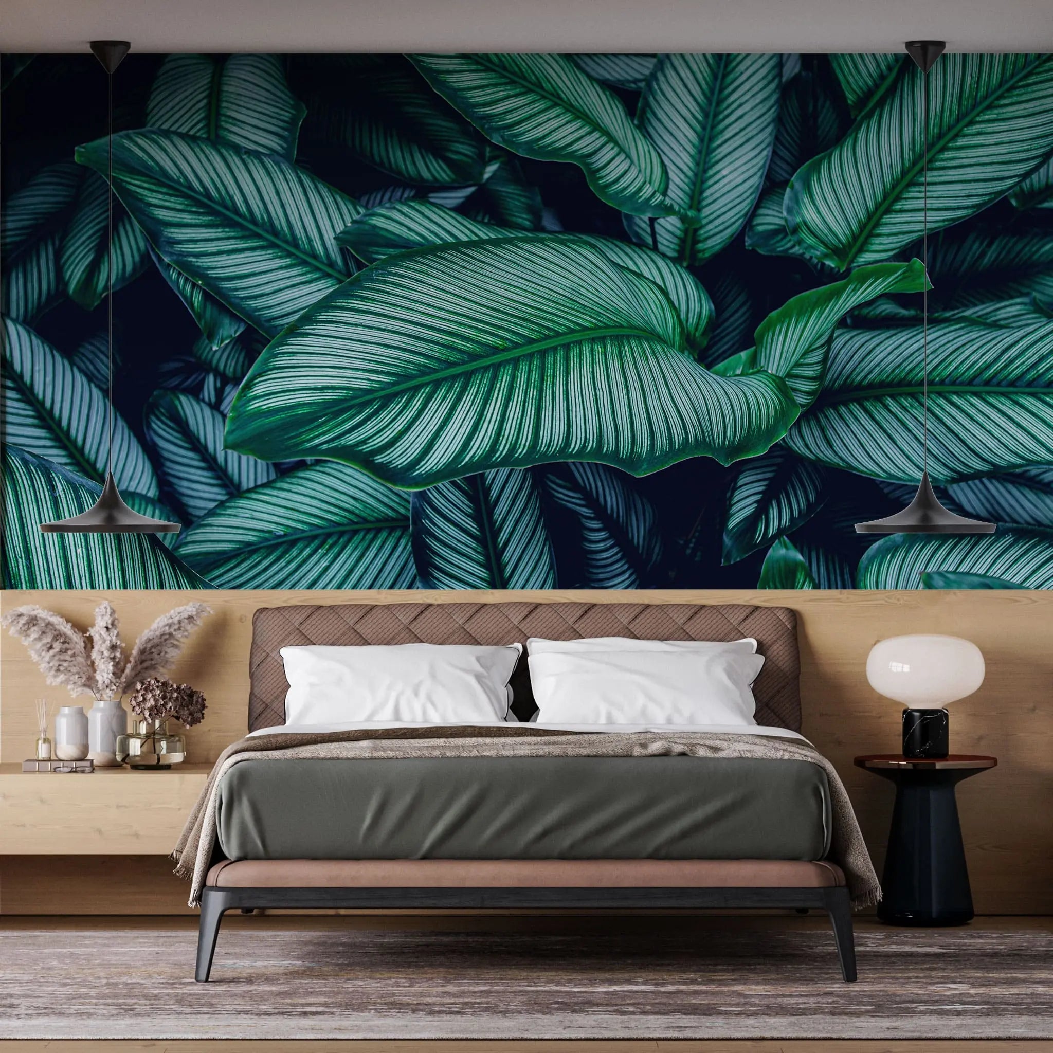 Tapet personalizat cu frunze tropicale de calathea in nuante verzi cyan calathea majestica