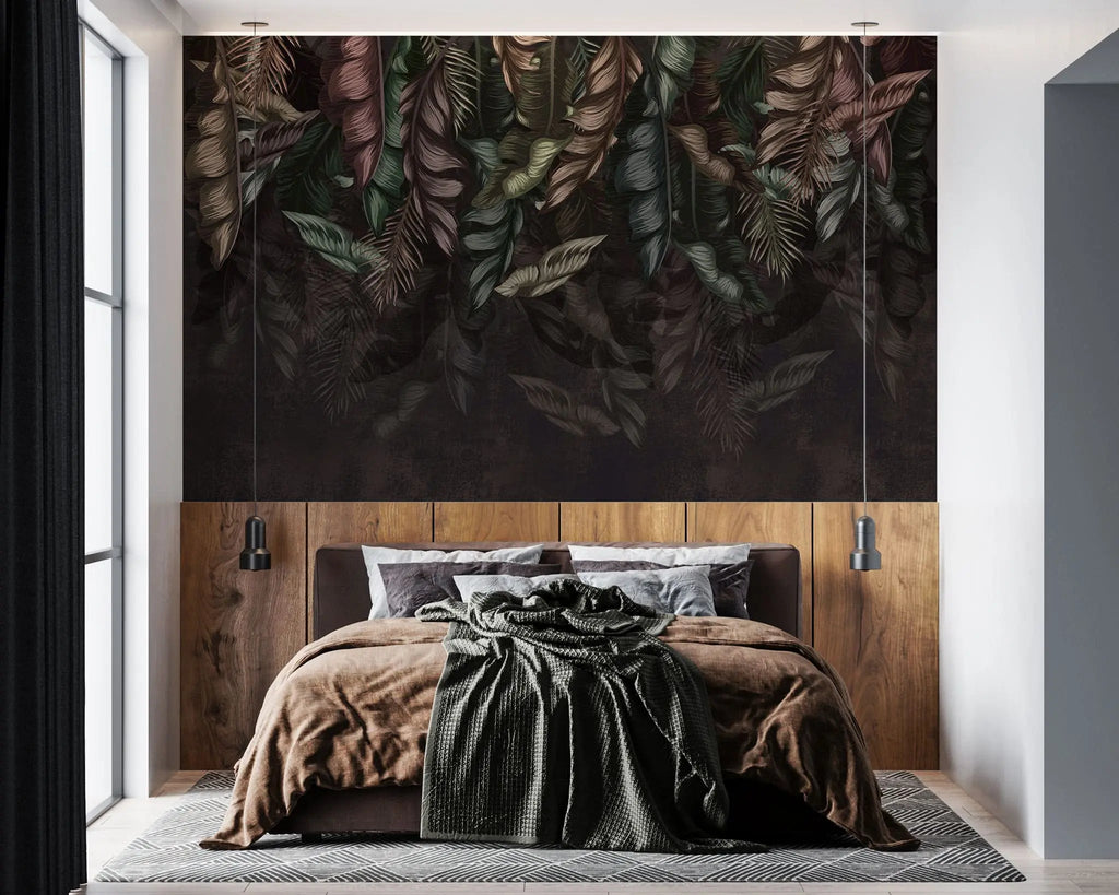 Tapet personalizat cu frunze de bananier si palmier in nuante inchise dark banana leaves