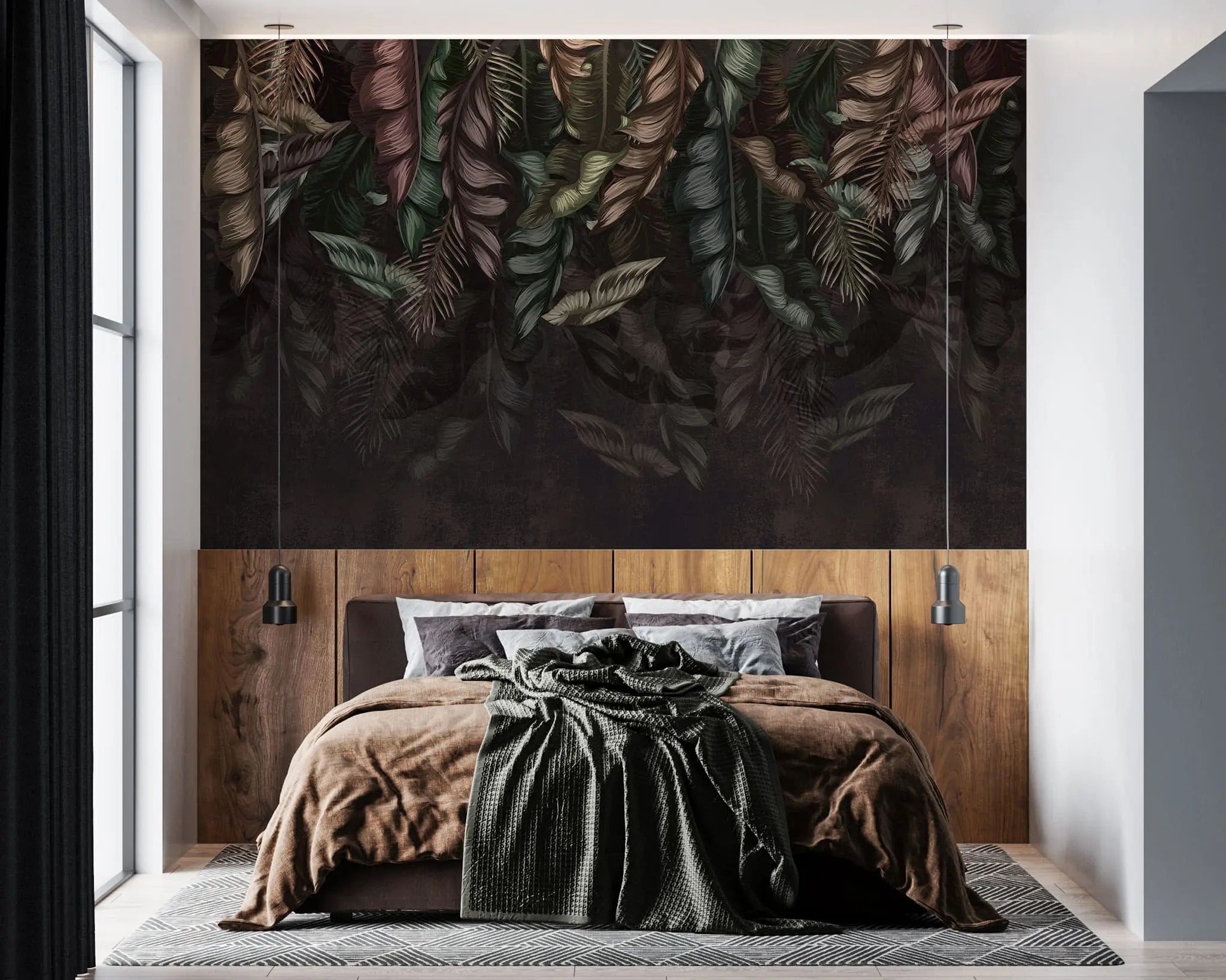 Tapet personalizat cu frunze de bananier si palmier in nuante inchise dark banana leaves