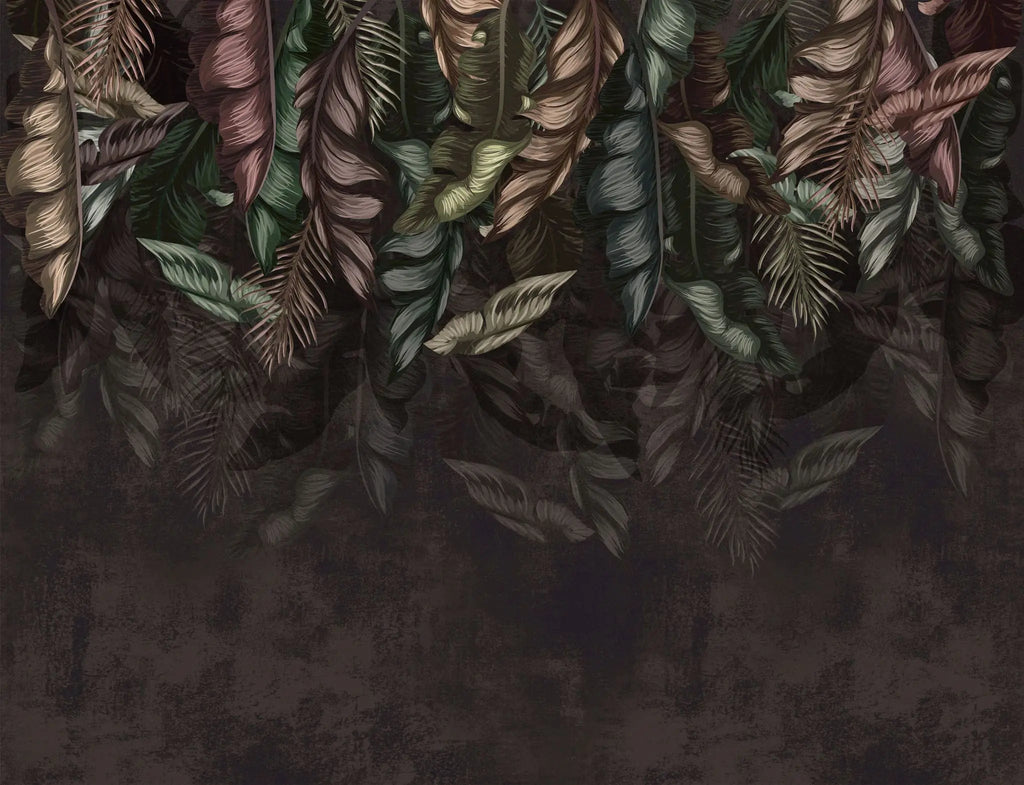 Tapet personalizat cu frunze de bananier si palmier in nuante inchise dark banana leaves
