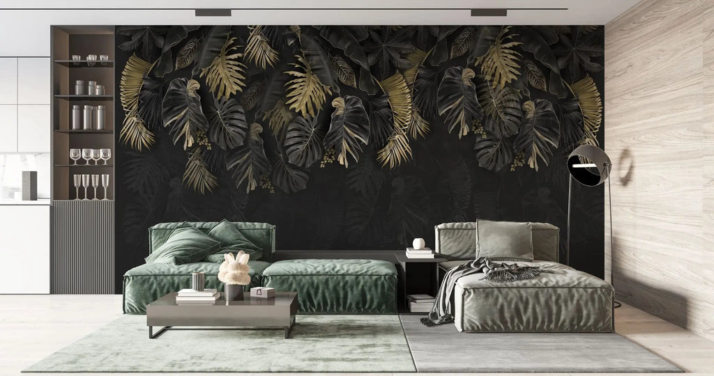 Tapet personalizat cu frunze de palmier si monstera in nuante de negru si auriu dark gold monstera