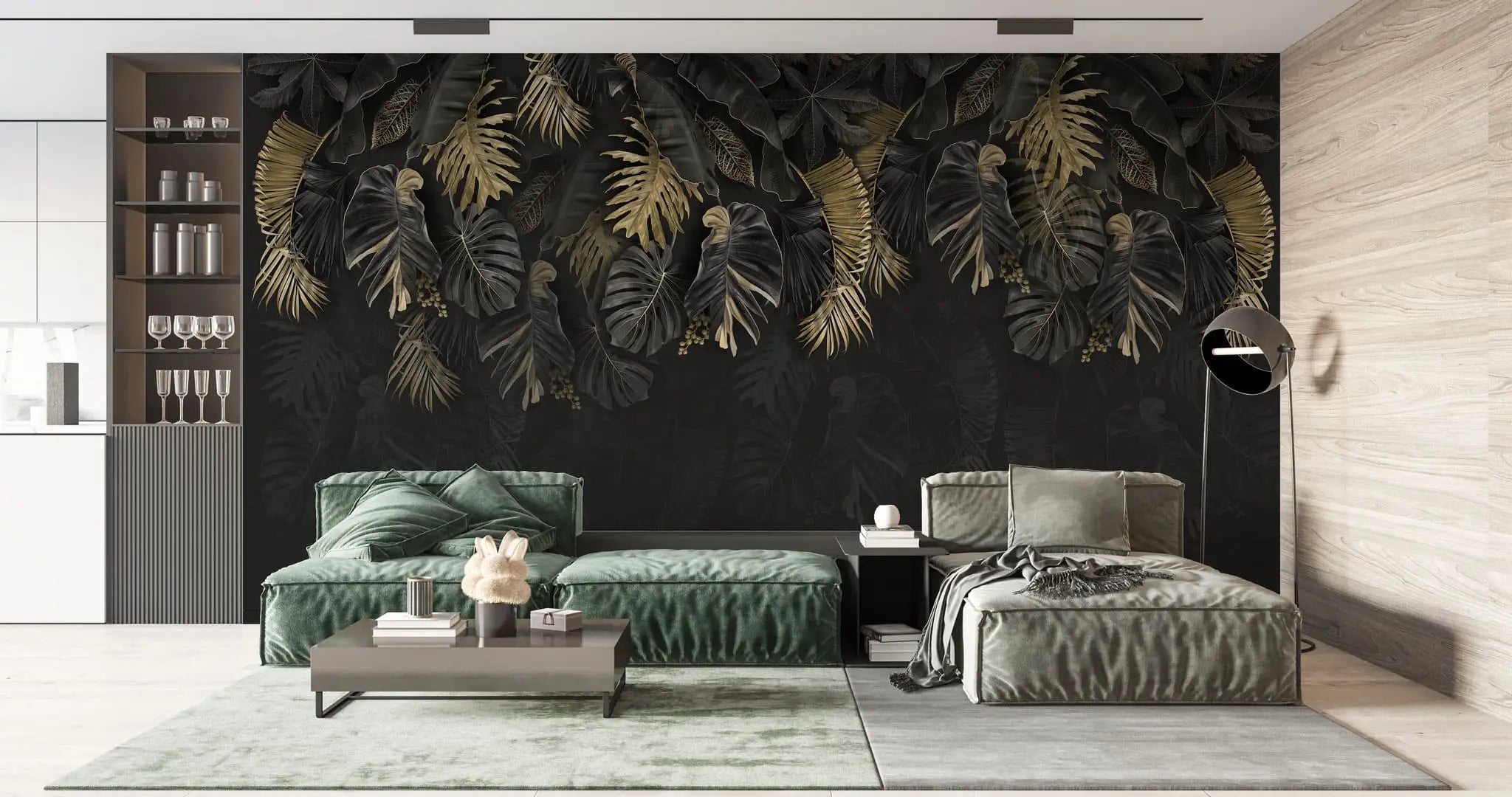 Tapet personalizat cu frunze de palmier si monstera in nuante de negru si auriu dark gold monstera